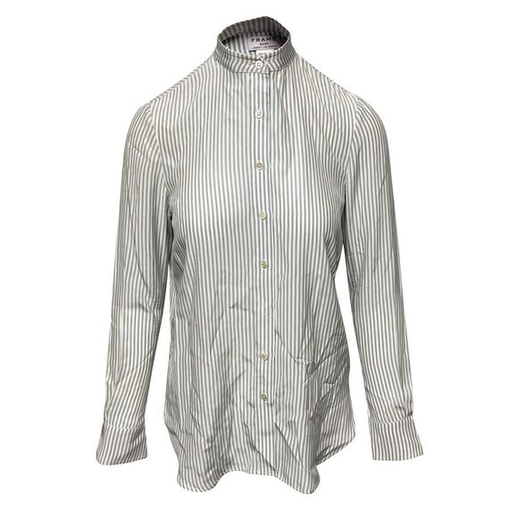 Frame Classic Stripe Shirt in Blue and White Silk Charmeuse